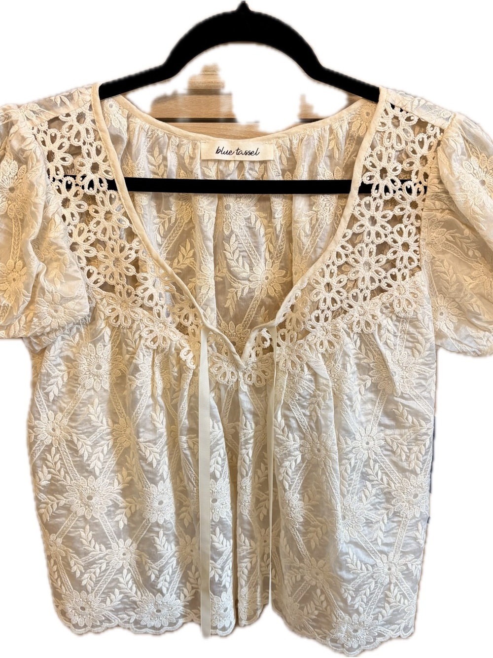 Blue Tassel Women's Cream Lace Peasant Top